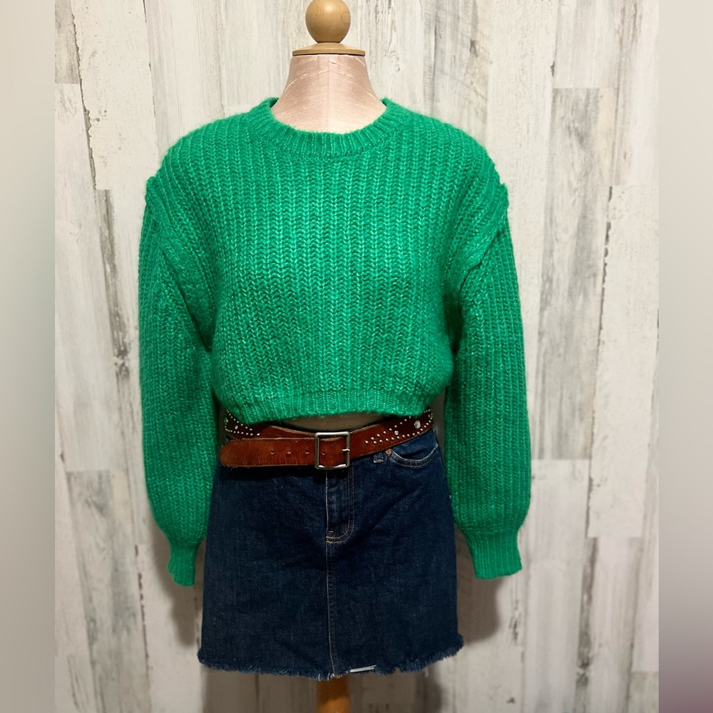 Zara Green Balloon Sleeved Cropped Wool Alpaca Chunky Knit Sweater